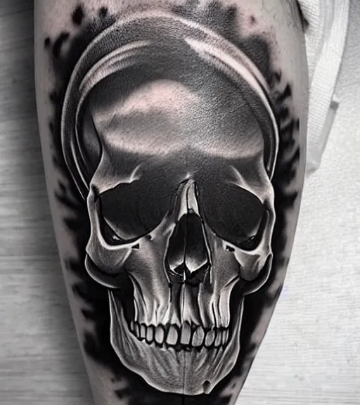 Image similar to a tattoo design of a creative skull, hyper realistic, black and white, realism, highly detailed