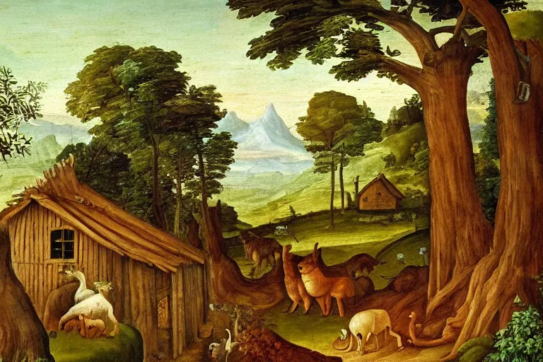 Image similar to a mistic fa forest with many animals, with a old house, in entrance of the house and old woman rocking in a rocking chair.renaissance painting style.high detail painting