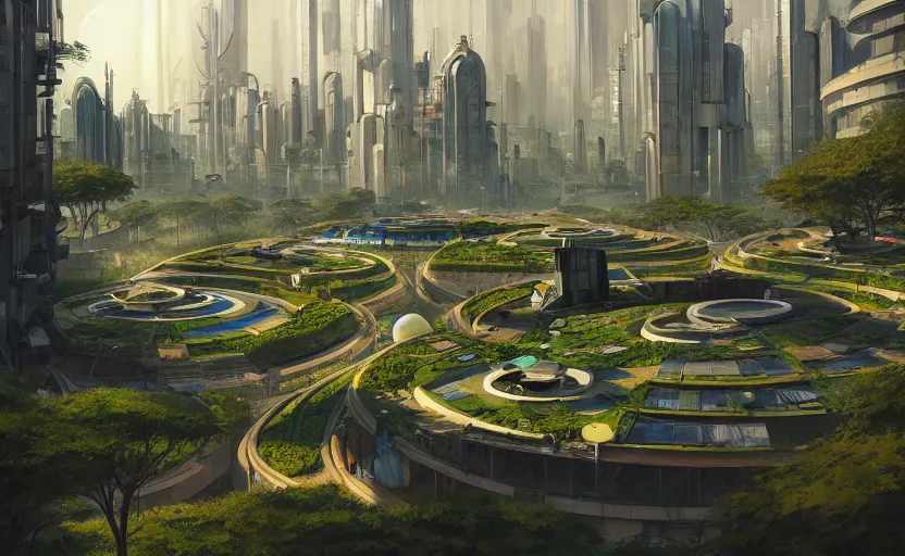 Image similar to solarpunk city with lush park in the center, walkable pathways, rooftop solar panels, cylindrical metropolis, highly detailed, digital painting, artstation, concept art, smooth, sharp focus, illustration, art by wlop, mars ravelo and greg rutkowski