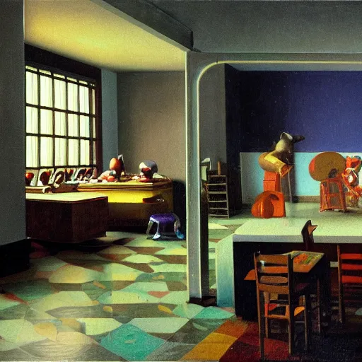 Prompt: realistic painting of chuck e. cheese building interior, in the style of johannes vermeer