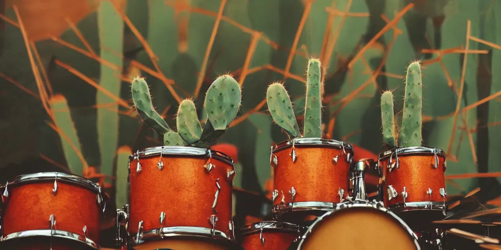 Image similar to cactus playing drums,very detailed, professional award winning photo