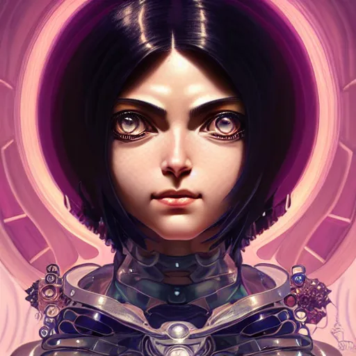 Image similar to Character Portrait of Battle Angel Alita surrounded by geometric nodes, face, fantasy, intricate, elegant, highly detailed, digital painting, artstation, concept art, smooth, sharp focus, illustration, art by Oscar Chichoni and Fernanda Suarez and Artem Demura and alphonse mucha