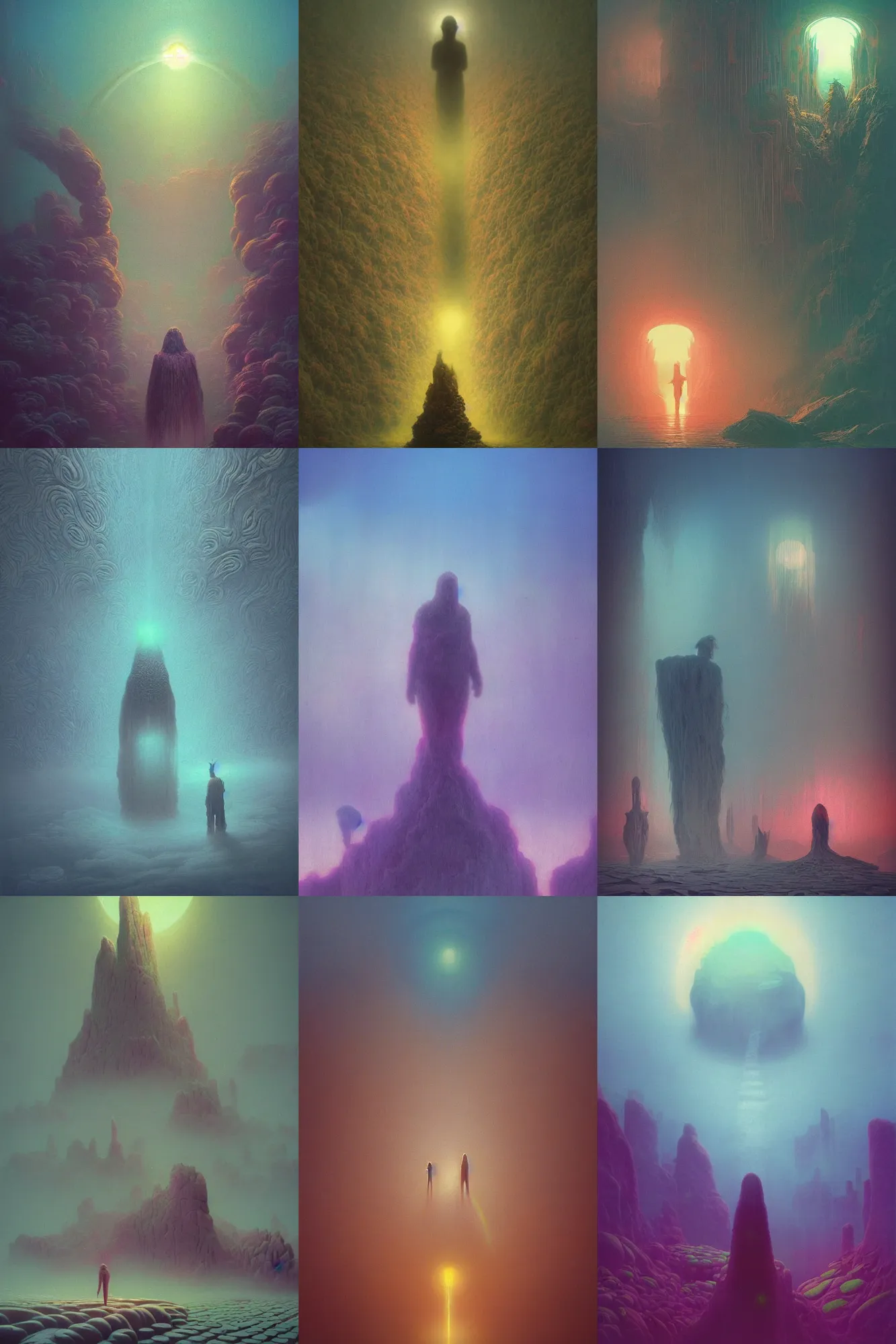 Prompt: 🌸🌈🍄::3, dreamlike, psychedelic, otherworldly, weird, cyberpunk, vaporware, interesting details, volumetric lighting, dramatic, fantasy, by Moebius, by zdzisław beksiński, Fantasy LUT, epic composition, 8k,