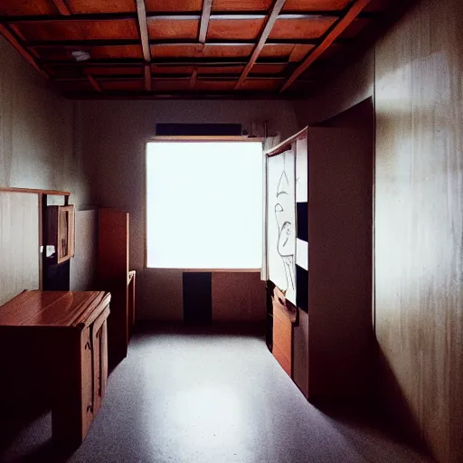 Prompt: photo of a capsule room, interior, modernist, style of picasso and ghibli