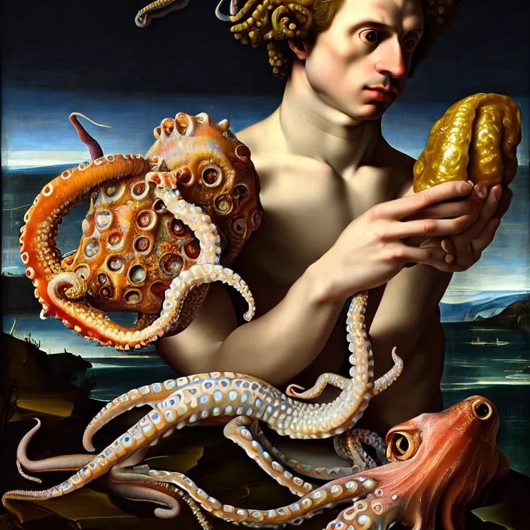 Image similar to young white man standing in a shell, holding a squid, octopus, sea in the background, beautiful baroque portrait painting, psychedelic, trippy, hallucination, dream, beautiful detailed intricate insanely detailed octane render trending on Artstation, 8K artistic photography, photorealistic, chiaroscuro, Raphael, Caravaggio,