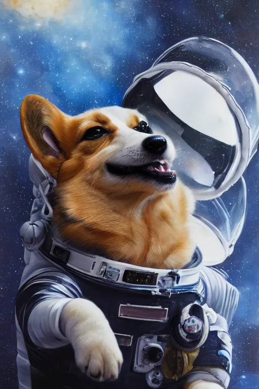 Image similar to corgi puppy as an astronaut, oil on canvas, intricate, portrait, 8 k highly professionally detailed, hdr, cgsociety