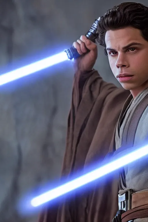 Image similar to jake t. austin as a jedi in star wars the rise of skywalker, 3 5 mm photography, highly detailed, cinematic lighting, standing pose, holding lightsaber 4 k