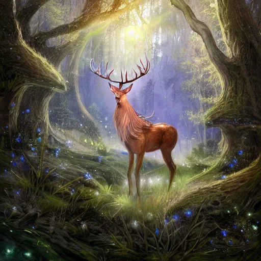 Prompt: beautiful elven celestial stag. beautiful highly detailed forest background. green and blue light. accurate, sci - fi concept art, intricate, elegant, trending on art station 8 k rendering.