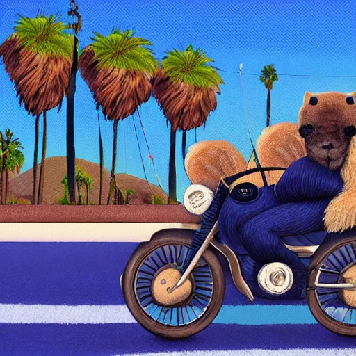 Prompt: a photorealistic photograph of a knitted cute Capybara wearing sunglasses and dressed in a blue beanie cap. The subject is also riding a black motorcycle through Hollywood at dusk. Palm trees in the background. This 4K HD image is Trending on Artstation, featured on Behance, well-rendered, extra crisp, features intricate detail and the style of Unreal Engine.