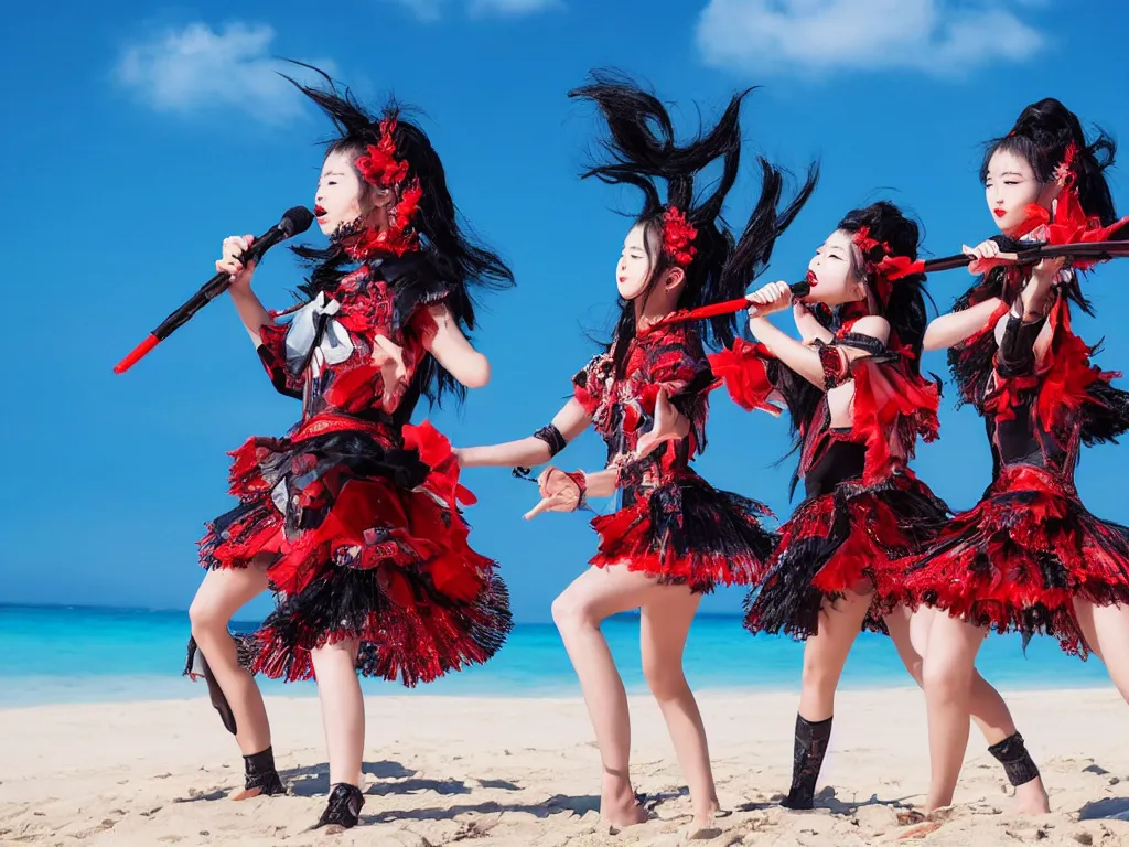 Image similar to babymetal 3 beautiful members performing on a tropical beach beautiful scenery, highly detail face, dynamic pose, High Definition detail, 8K, photography