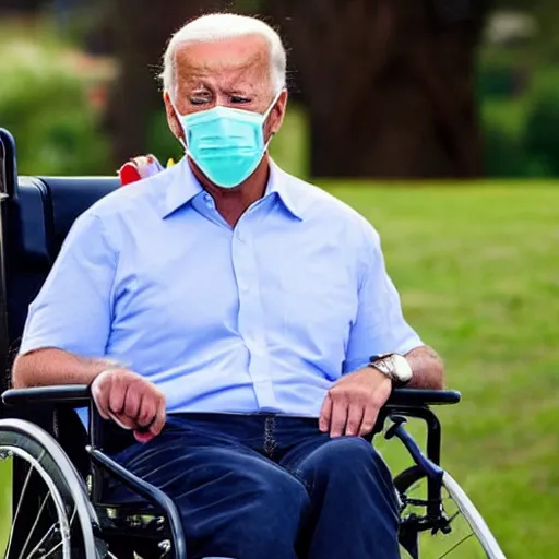 Prompt: obese joe biden sitting in a wheelchair, licking icecream