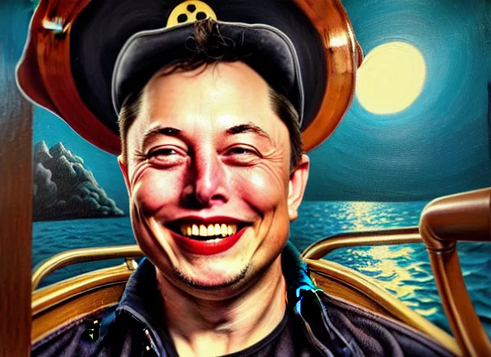 Prompt: highly detailed painting of a grinning Elon Musk as a pirate captain, proudly posing at the helm of his frigate wearing a pirate hat at dusk, artstation, cinematic lighting, hyperdetailed, cgsociety, 8k, high resolution, insanely detailed and intricate, concept art, smooth, sharp focus, illustration, art by John Philip Falter, Art Nouveau, masterpiece