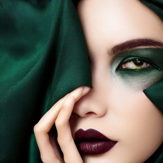 Prompt: a beautiful woman with layers of dark green cloth wrapped around her head and face, black eyeshadow, high detail, black dark aesthetic, epic style