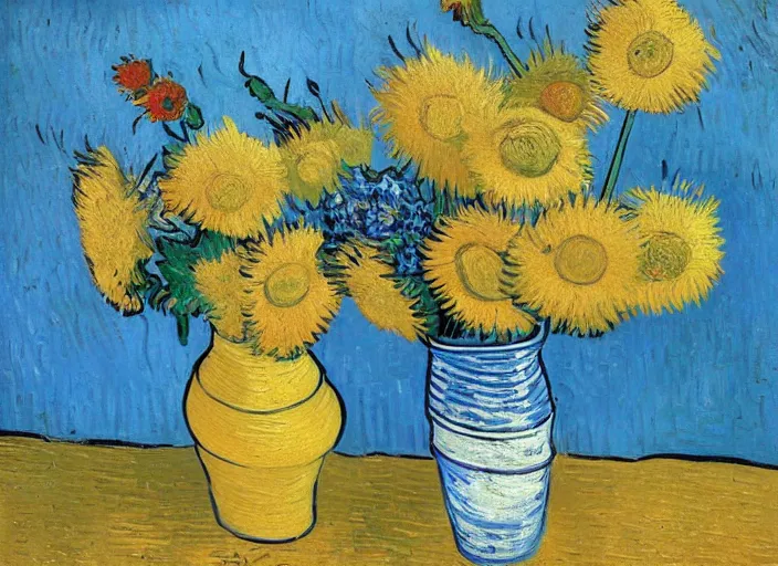 Prompt: painting. potted flowers. blue. art by van gogh. award winning. beautiful. 4 k