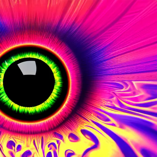 Prompt: big eye with colorful big iris in 3d render glass sphere at the center 4k , psychedelic colors