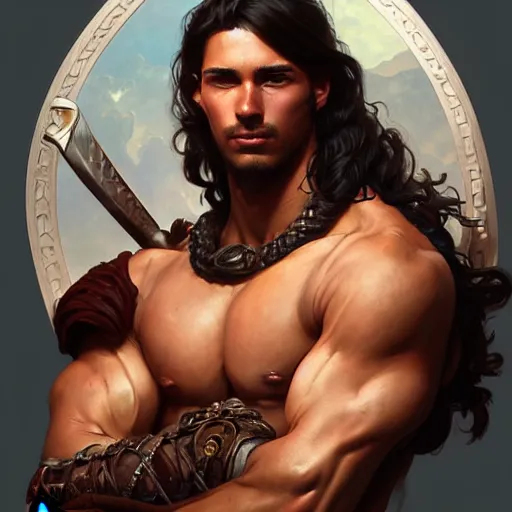 Prompt: portrait of a youthful male barbarian, handsome, toned, D&D, muscular, fantasy, intricate, elegant, highly detailed, digital painting, artstation, concept art, smooth, sharp focus, illustration, art by artgerm and greg rutkowski and alphonse mucha