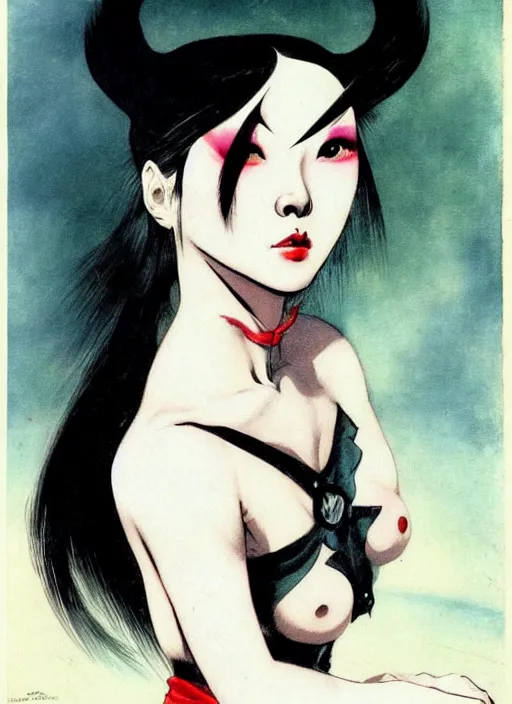 Image similar to portrait of bald korean vampiress, strong line, saturated color, beautiful! coherent! by frank frazetta, high contrast, minimalism