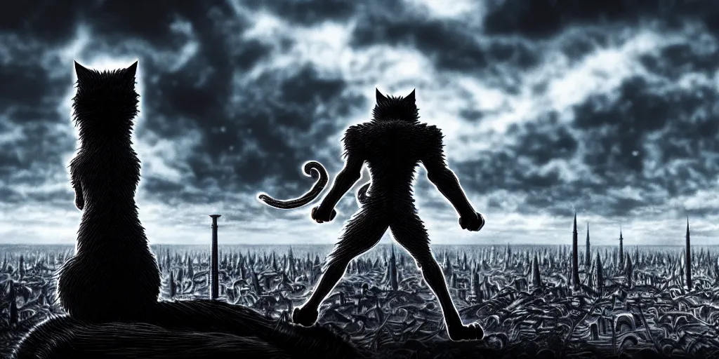 Image similar to Huge evil cat figure above a city, in the style of Kentaro Miura, Berserk, landscape, hyperdetailed, ultra quality, 4k, ultra details