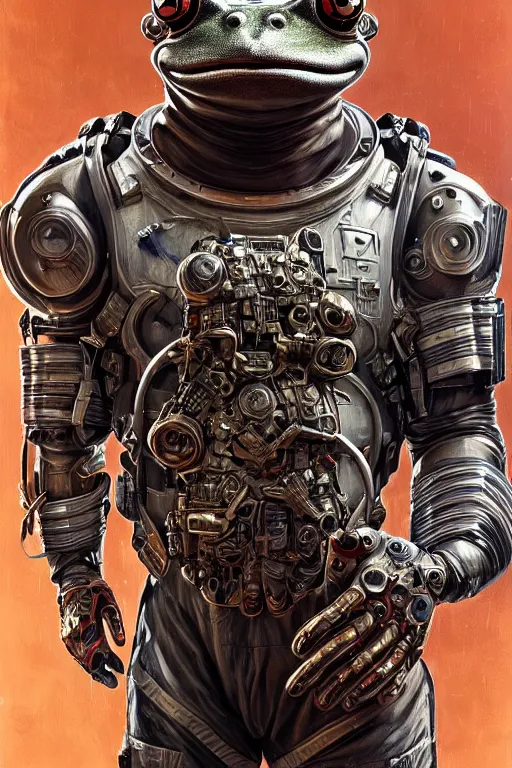 Image similar to a portrait of a muscular anthropomorphic cyberpunk frog in spacesuit armor with ensignia on chest plate by sandra chevrier, by jon foster, detailed render, post - processing, extremely hyperdetailed, intricate, epic composition, cybernetics, 4 k realistic, cryengine, realistic shaded lighting, sharp focus, masterpiece, by enki bilal