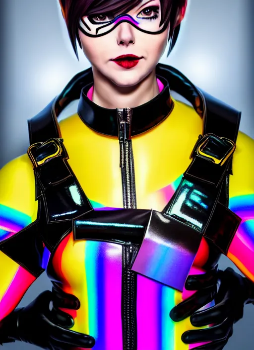 Image similar to hyperrealistic style portrait of tracer overwatch, confident pose, wearing black iridescent rainbow latex, rainbow, neon, 4 k, expressive happy smug expression, makeup, in style of mark arian, wearing detailed black leather collar, wearing sleek armor, black leather harness, expressive detailed face and eyes,