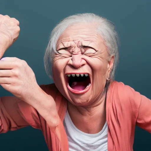 Image similar to caricature of extremely angry mascular wrinkled screaming woman 8k ultra detailed