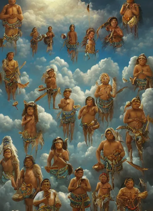 Prompt: faces of indigenous amazonian grandfathers and grandmothers spirits in the clouds, smiling, protection, benevolence, ancestors, detailed faces, art by christophe vacher