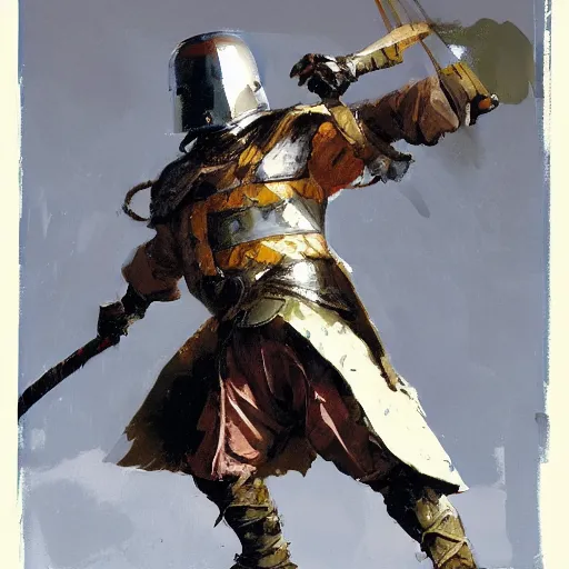 Prompt: portrait of man wearing gambeson and sallet helmet, swinging sword, fighting, detailed by greg manchess, craig mullins, bernie fuchs, walter everett