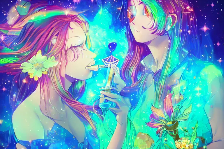 Image similar to psychedelic, whimsical, anime, 4k, beautiful lusty woman smoking a bong, with professional makeup, long trippy hair, a crystal and flower dress, sitting on a reflective pool, surrounded by gems, underneath the stars, rainbow fireflies, trending on patreon, deviantart, twitter, artstation, volumetric lighting, heavy contrast, art style of Ross Tran and Miho Hirano and Ilya Kuvshinov