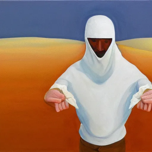 Prompt: the healing of a metaphorical man, white balaclava, healing, appeasing, infinite urban desert, a city made of sand, mental health, minimalist, oil painting, by francis bacon, emotional conflict, hd, 8 k, trending on artstation, paradoxal, perfect framing, neo - expressionism, expressive