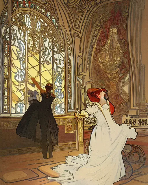 Image similar to painting alphonse mucha, interior of the opera house, view from the hall with a singer in a white dress on a lighted stage with an orchestra and audience in the hall, soft cinematic lighting, pastel color palette