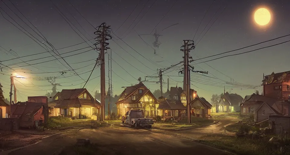 Prompt: a quaint suburban street at night colossal maschinen krieger looms in the distance, realistic rendering, unreal engine, 4k, hdr, high dynamic range, f12, by simon stalenhag