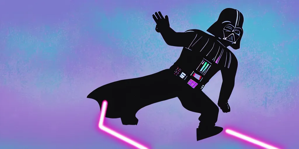 Image similar to darth vader snowboarding, vaporwave, vector graphics, synthwave, neon