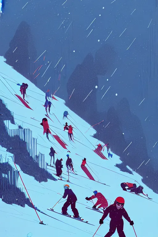 Image similar to by moebius and atey ghailan | the bottom of a ski slope with a huge pile of tangled up skiers |