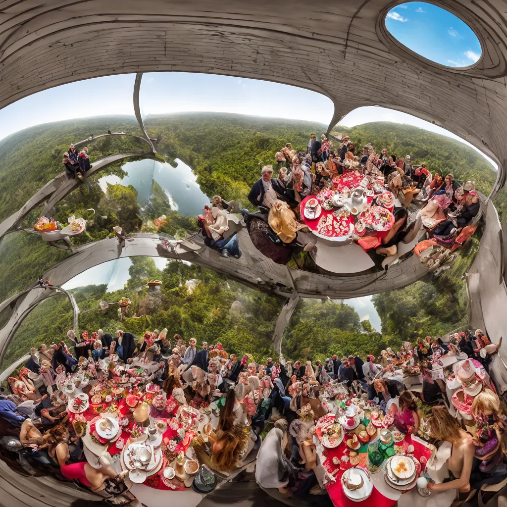 Image similar to elephant tea party, high tea, on a bridge, fulldome, 1 8 0 degree fisheye, 4 k,