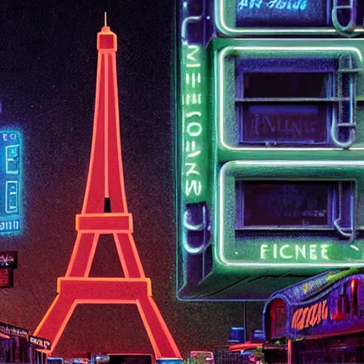 Image similar to A beautiful intricate 8K award-winning ground-level cinematic movie photograph of the future destroyed and decaying Eiffel Tower made of neon, surrounded by broken corporate video billboard displays. in the year 2050, by Bruno Delbonnel and greg rutkowski. Arri Alexa 65, IMAX 70mm footage. Dirty billboards. Cinematic lighting