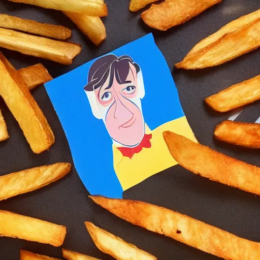 Prompt: photo of [ a french fry chip ] shaped like stephen fry as a hybrid intercross mix