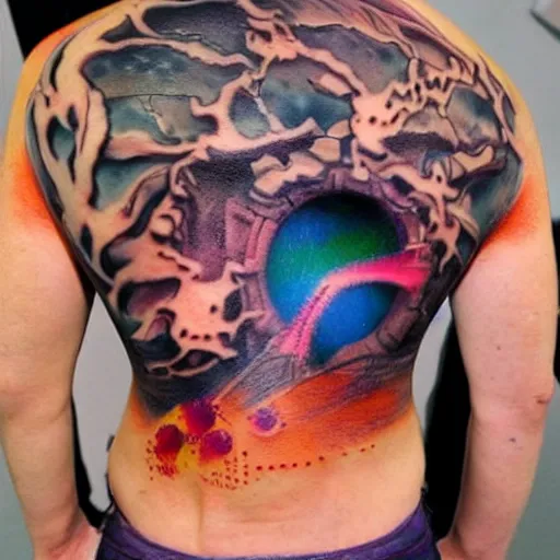 Prompt: backside on the shoulders is a tattoo of a 3 d hole in the skin with soft multicolored 3 d robotic mechanics and glowing computerparts and cables inside under the skin, insanely integrate,