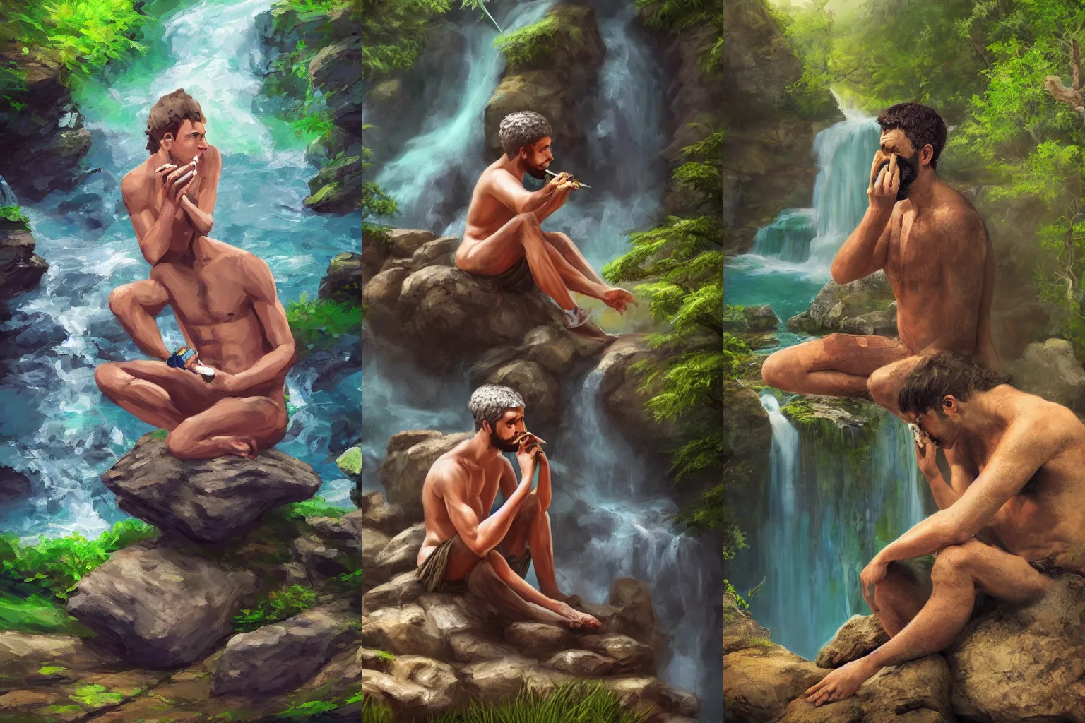 Prompt: a detailed digital art painting of a stoic person smoking a joint sitting on a rock by a waterfall, pensive, mysterious forest, intricate, thc, award-winning art, vibrant lighting, meditation and relaxation, 8k,artstation