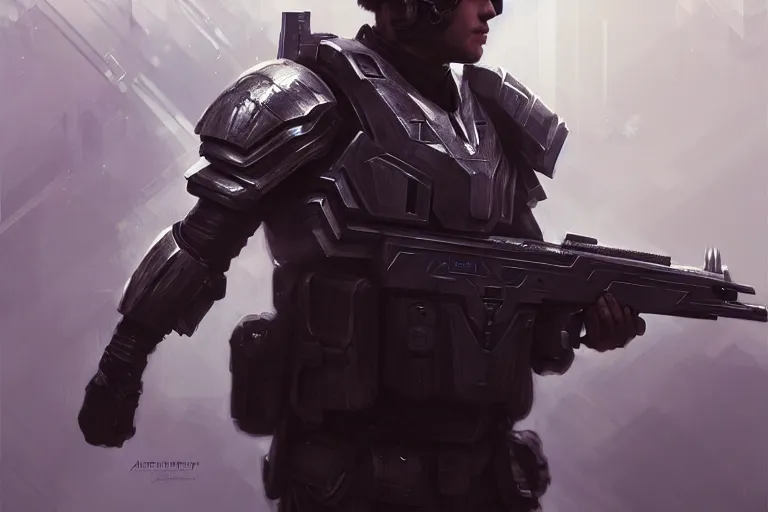 Prompt: futuristic male soldiers with guns in powered armor, diffuse lighting, fantasy, intricate, elegant, highly detailed, lifelike, cinematic, photorealistic, digital painting, artstation, illustration, concept art, smooth, sharp focus, art by andree wallin, halo