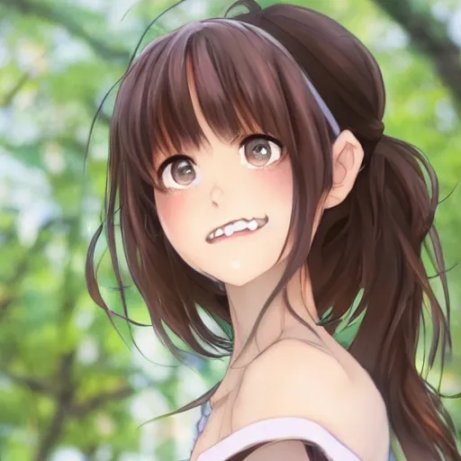 Prompt: A medium shot anime portrait of a happy blue-eyed woman with brown hair, a single short ponytail, open mouth, no bangs, without glasses, with a large breasts, wearing a blouse, solid background, by Stanley Artgerm Lau, WLOP, Rossdraws, James Jean, Andrei Riabovitchev, Marc Simonetti, and Sakimi chan, trending on artstation