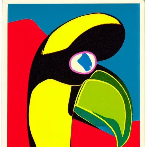 Prompt: close-up shot of a toucan's head wearing sunglasses in the 80s, party, colourful, Polaroid photo, by Andy Warhol