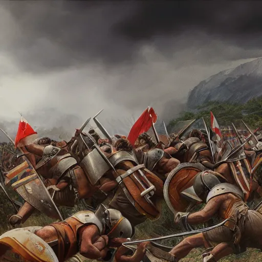Prompt: a detailed, photorealistic painting of the battle of thermopylae, octane render