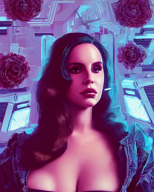 Image similar to portrait of lana del rey as a cyberpunk cyborg. roses, sci - fi, missing panels, intricate abstract upper body intricate artwork, by tooth wu, wlop, beeple, dan mumford. concept art, octane render, deviantart, greg rutkowski, cinematic, key art, hyperrealism, iridescent accents