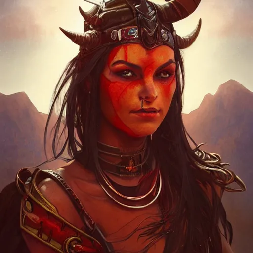 Image similar to portrait of a female berber tiefling with red skin, devil horns and black hair wearing a steel chestplate in a desert, fantasy, highly detailed, digital painting, artstation, concept art, character art, art greg rutkowski and alphonse mucha