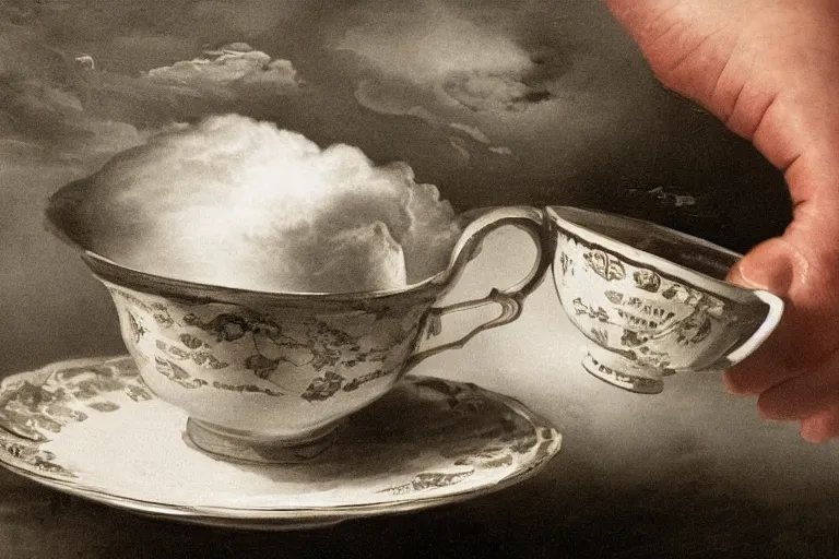 Prompt: the man looks at the storm in a teacup, hyperdetailed