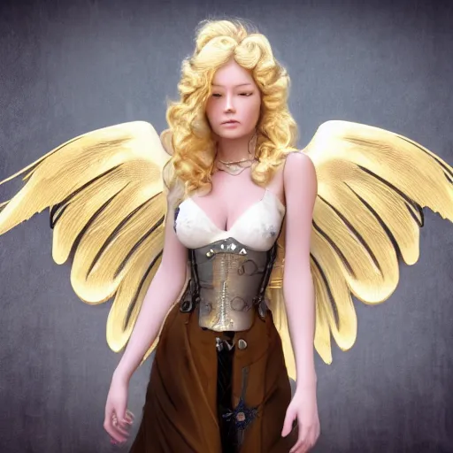 Image similar to pretty blond steampunk angel, 8 k, shallow depth of field, 8 k, ultra high detail, concept art,