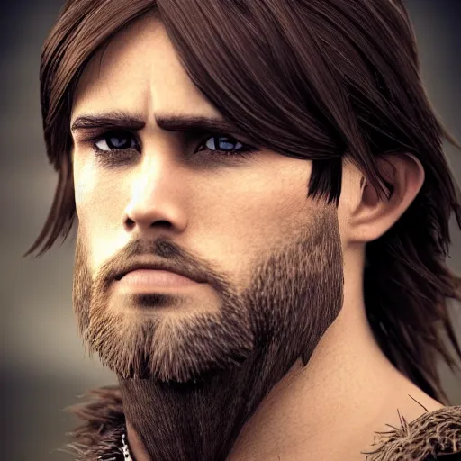 Prompt: hyperrealistic photograph of a brown-haired viking Eren Jaeger, 8k, profile picture, cinematic, high contrast, epic real fantasy, stoic facial expression, looking at the camera