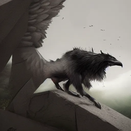 Image similar to A wolf with the wings and beak of a crow perched on top of a stone obelisk, trending on artstation., hyperdetailed, artstation, cgsociety, 8k