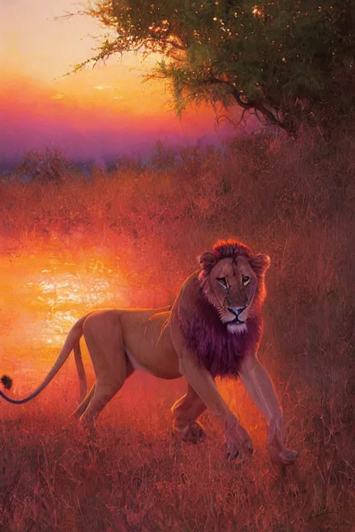 Prompt: spiritual twin flame lioness art pink sunset hue highly detailed oil painting hue by craig mullins