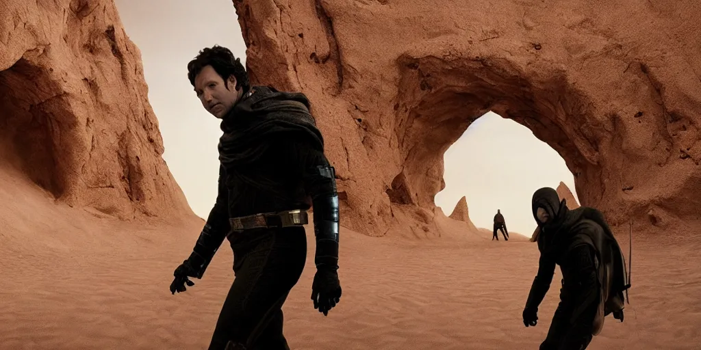 Image similar to Paul Rudd in the movie Dune, black and white matte painting, comic book, walking through a large arch gateway in the desert